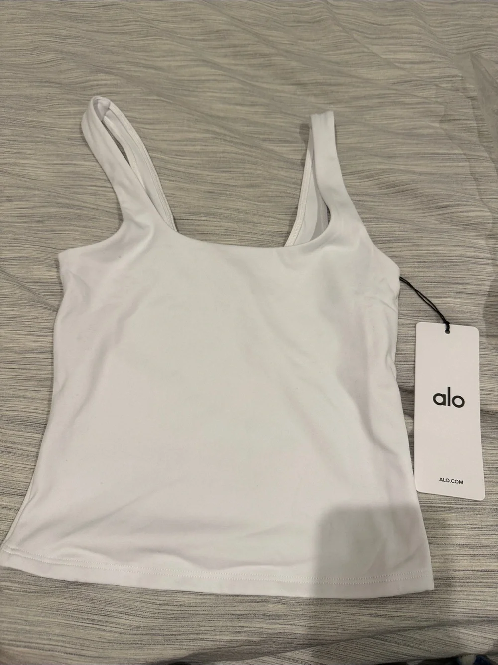 ALO Yoga White soft sculpt precision Scoop Tank with Center Logo on back